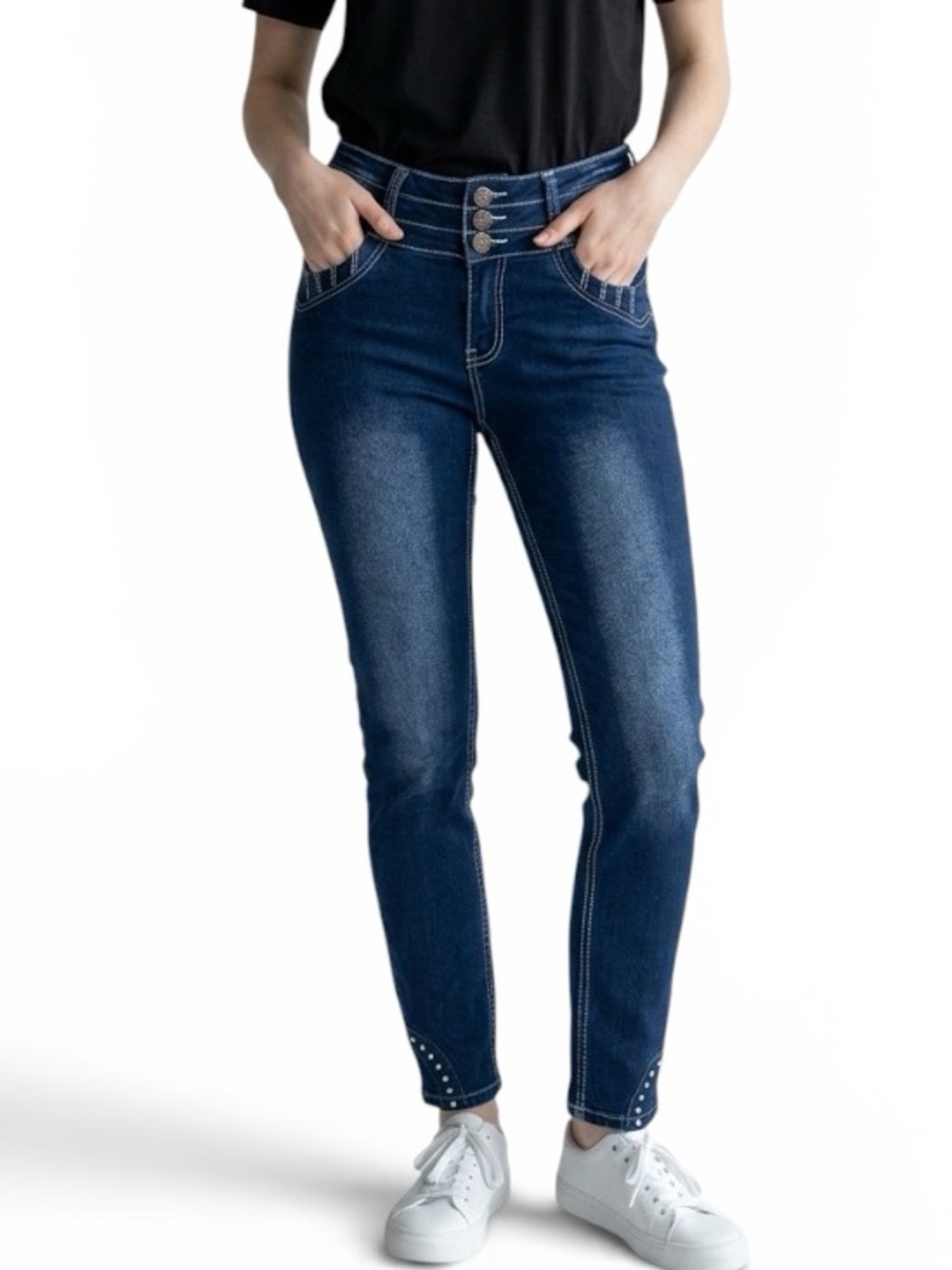 Gogo Star Jeans Company Women High 11 Waisted 3 Button Wide Waistband Stretch